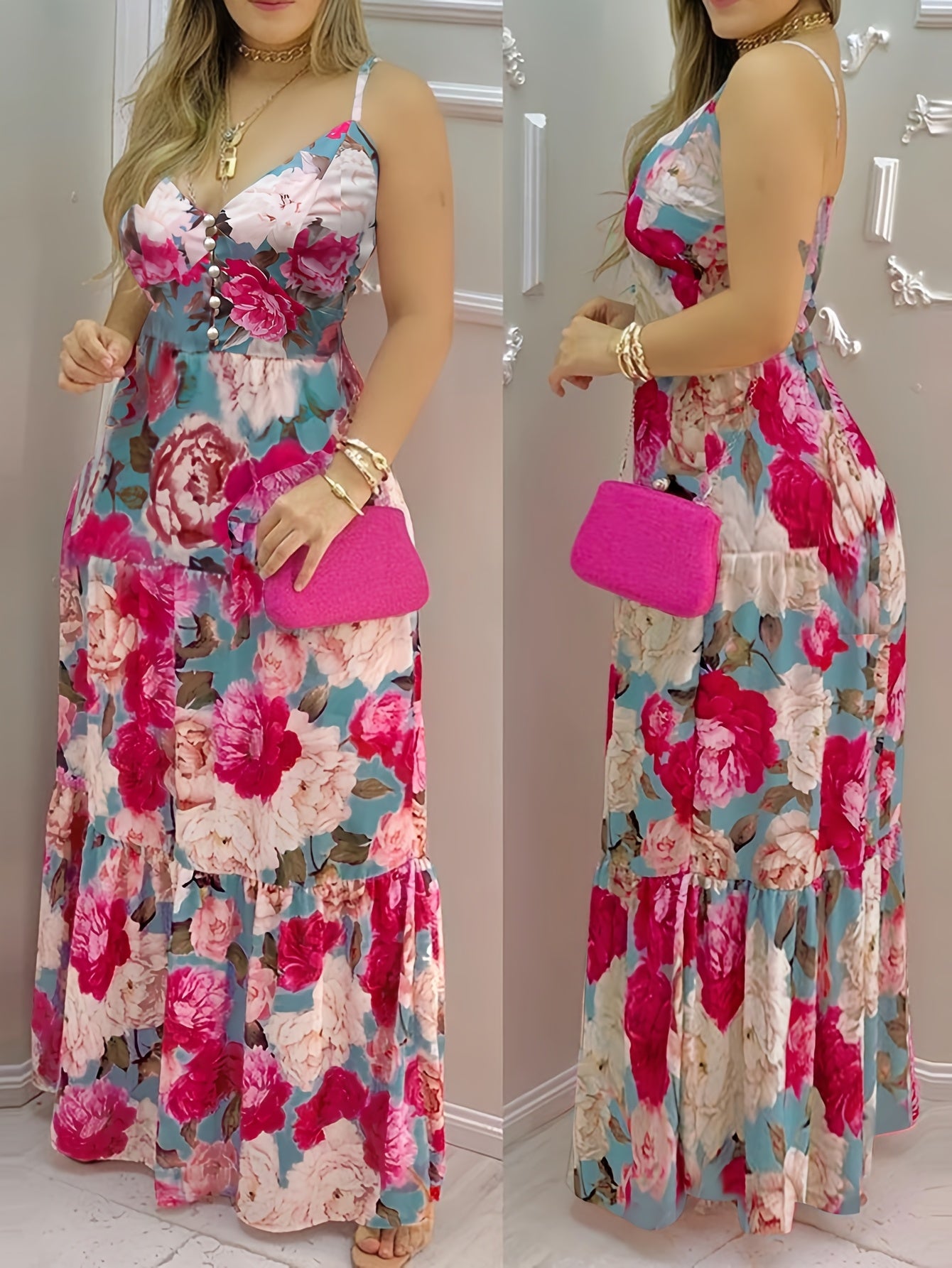 Women'S Elegant V-Neck Button Detail Pleated Maxi Dress, Summer Sleeveless Polyester 100% A-Line Flowy Dress with Print, Lightweight 113g/m² Fabric, Perfect for Adult - Woven